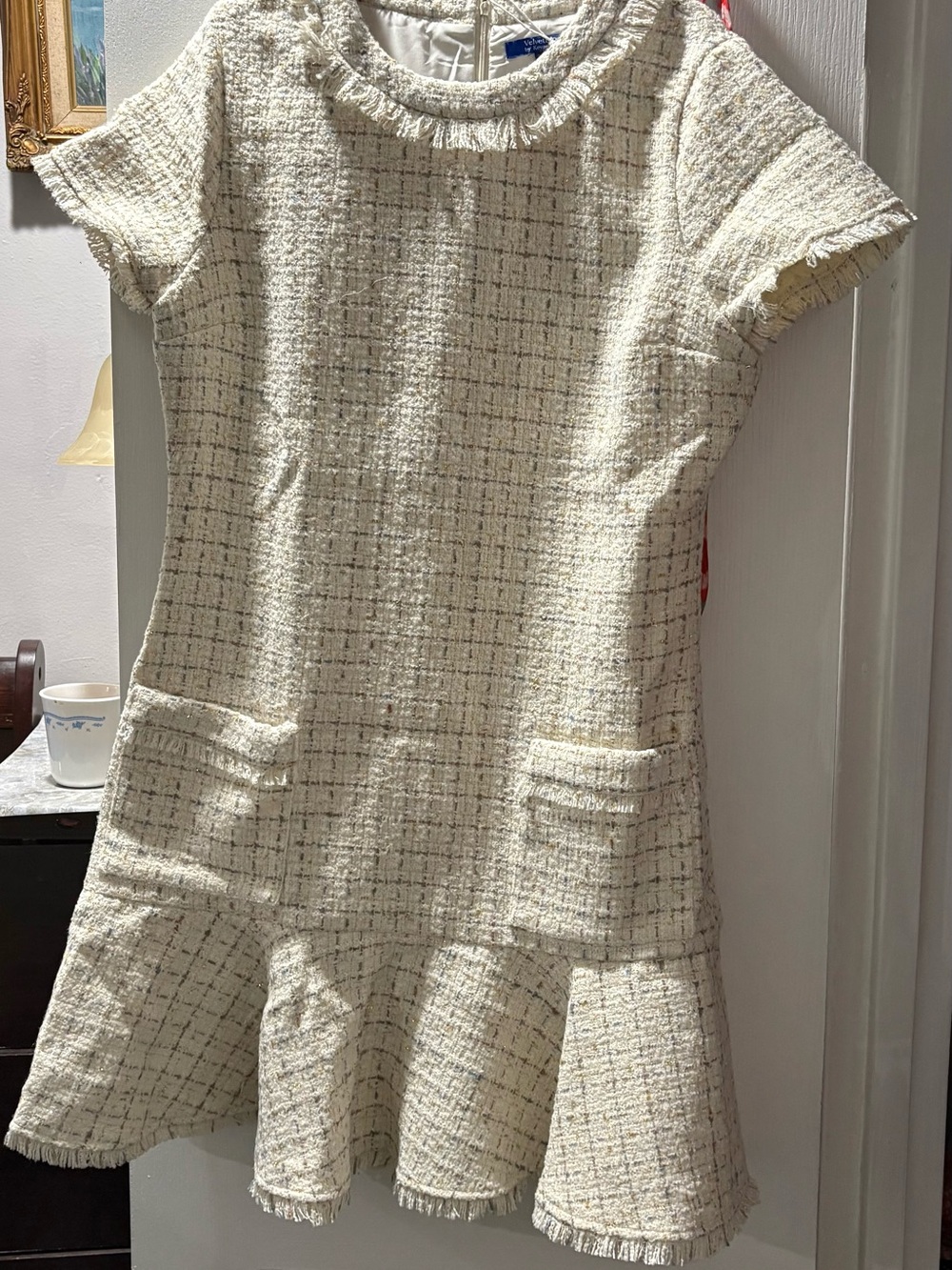 Velvet Cream Tweed Fringed Hem Mini Dress